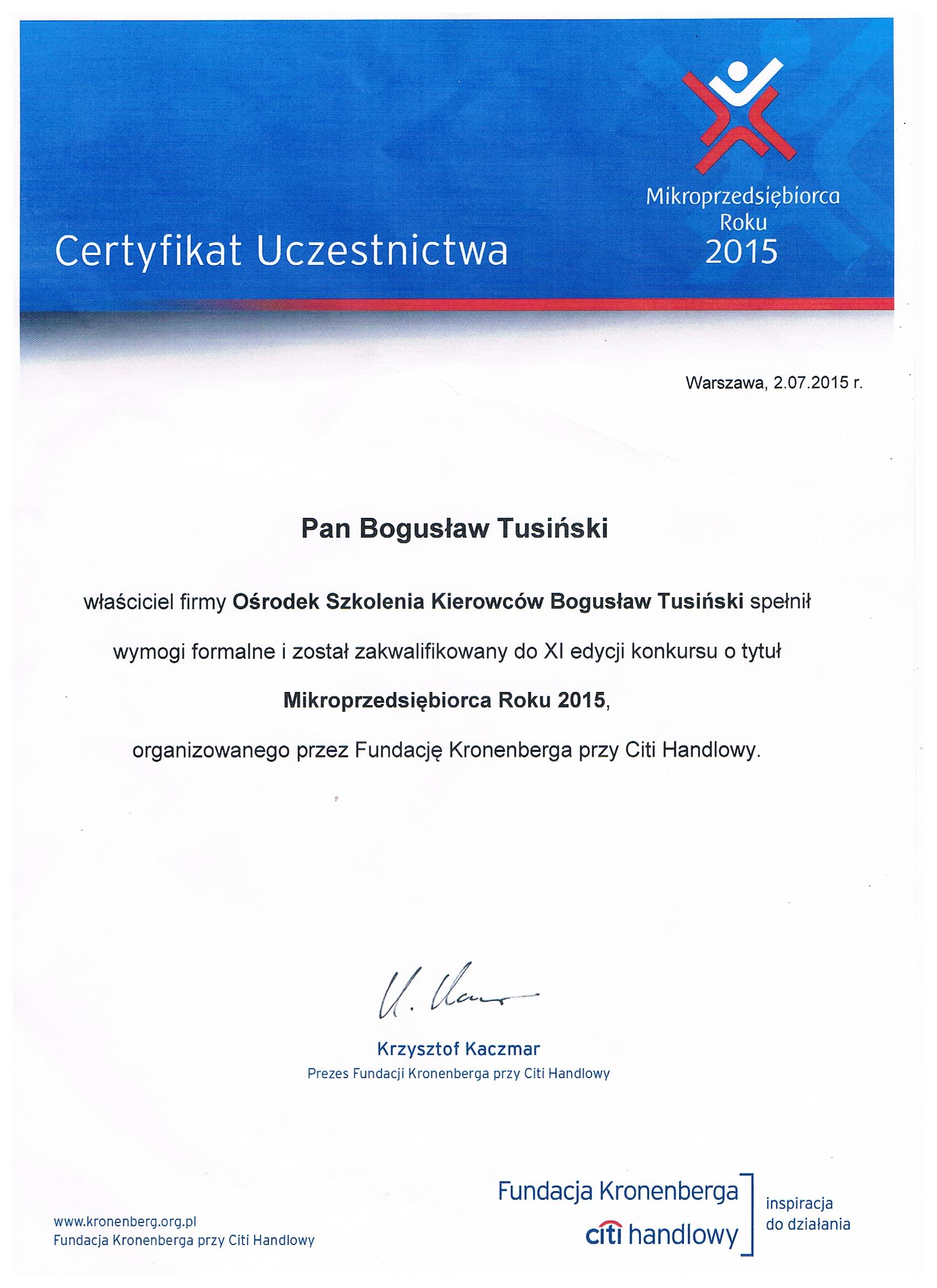 Certyfikat Ośrodka Szkolenia Kierowców w Bielawie